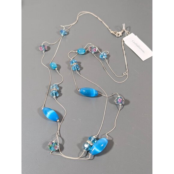 Croft & Barrow Blue Glass Cats Eye Pink Rose Flower Bead Multi Chain Necklace NE - Picture 2 of 11